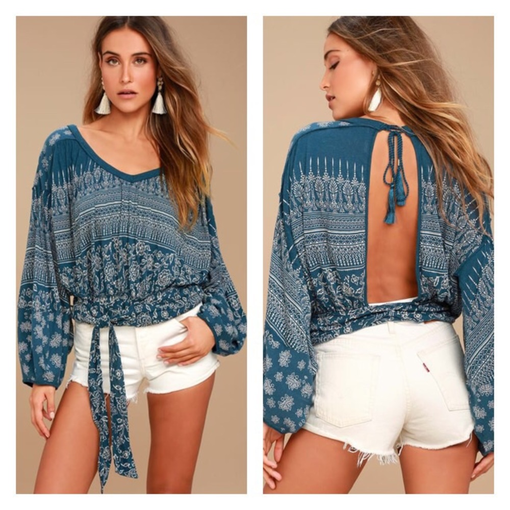 Free People Printed Blue Warrior Long Sleeve Open Back Top NWT XS